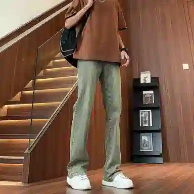 八哥 美式高街暗夜弯刀极简通勤经典款宽松直筒做旧百搭复古纯色堆积感轻水洗牛仔裤 男女同款