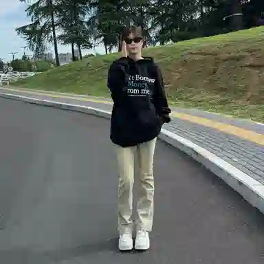八哥 巴黎弯刀微喇裤美式高街个性简约基础款水洗做旧学院风修身纯色百搭弹力显高拉链通勤牛仔裤 男女同款