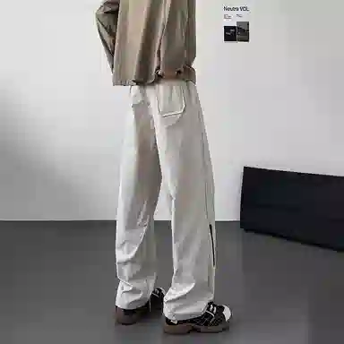 八哥 美式高街侧拉链褶皱款防水户外机能冲锋纯色基础款冰丝凉感宽松直筒垂直微喇休闲裤 男女同款