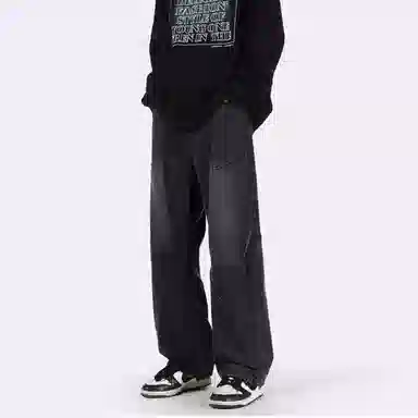 八哥 美式复古高街废土风褶皱设计水洗做旧宽松直筒弹力垂感阔腿显高显瘦微喇舒适直筒百搭工装裤休闲牛仔裤 男女同款