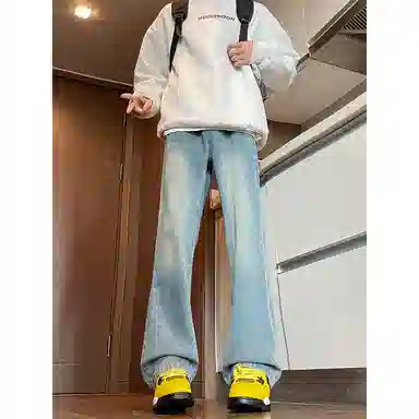 八哥 美式复古高街简约基础款水洗做旧磨白废土风半松紧中腰直筒休闲宽松百搭纯色加厚显高舒适牛仔裤 男女同款