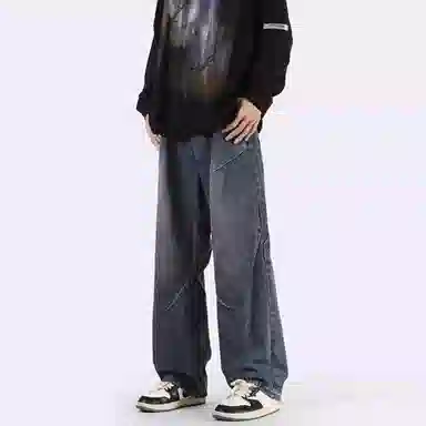 八哥 美式复古高街废土风褶皱设计水洗做旧宽松直筒弹力垂感阔腿显高显瘦微喇舒适直筒百搭工装裤休闲牛仔裤 男女同款