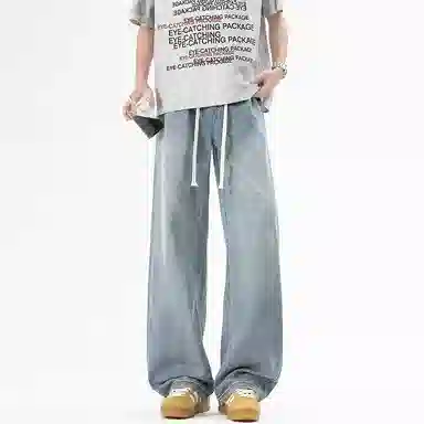 八哥 美式夏季复古高街风冰丝薄款基础款阔腿裤时尚百搭个性垂感松紧系带宽松舒适透气休闲牛仔裤 男女同款