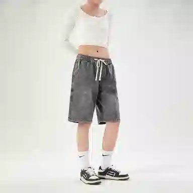 八哥 美式复古高街简约基础款水洗做旧纯色直筒百搭宽松弹力薄款牛仔短裤 男女同款