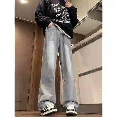 八哥 美式复古高街简约基础款水洗做旧磨白废土风半松紧中腰直筒休闲宽松百搭纯色加厚显高舒适牛仔裤 男女同款