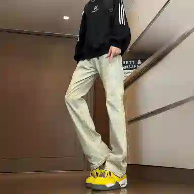 八哥 美式高街简约基础款水洗做旧宽松直筒高腰系带休闲百搭弹力垂感日常通勤牛仔裤 男女同款