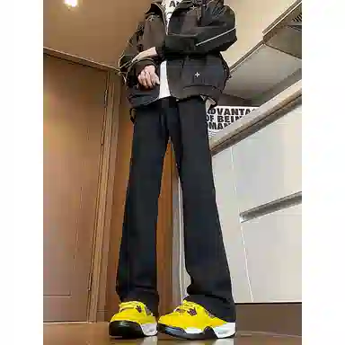 八哥 美式复古高街简约基础款水洗做旧磨白废土风半松紧中腰直筒休闲宽松百搭纯色加厚显高舒适牛仔裤 男女同款