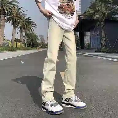 八哥 美式复古高街【弯刀黑牛】简约基础款水洗做旧中腰系带修身纯色直筒阔腿百搭弹力黄泥染薄款微喇牛仔裤 男女同款