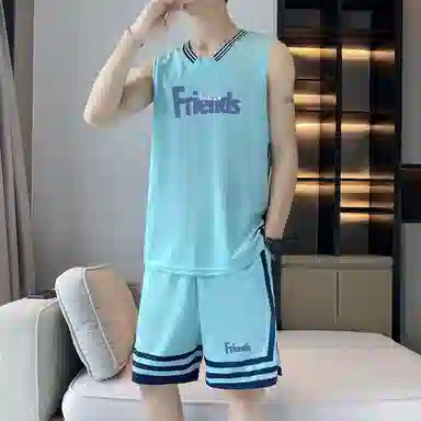 八哥 条纹拼接撞色字母印花背心宽松百搭时尚短裤大码休闲运动套装 男女同款 黑色