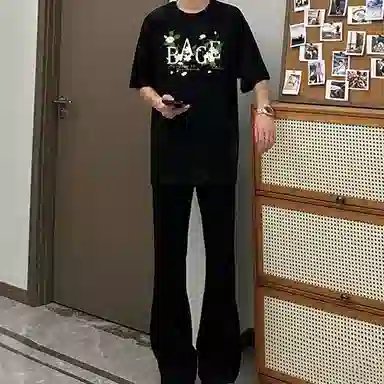 八哥 美式高街简约基础款创意花朵字母短袖做旧纯色长裤休闲运动套装 男女同款