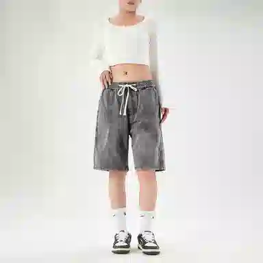 八哥 美式复古高街简约基础款水洗做旧纯色直筒百搭宽松弹力薄款牛仔短裤 男女同款