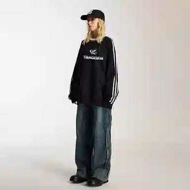 八哥 美式拼接高街百搭休闲卫衣 男女同款 黑色