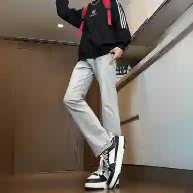 八哥 美式高街简约基础款水洗做旧宽松直筒高腰系带休闲百搭弹力垂感日常通勤牛仔裤 男女同款