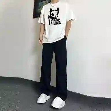 八哥 美式高街简约基础款舒适个性潮流酷炫适中字母纯色常规宽松圆领拉链落肩套头中腰短袖长裤休闲运动套装 男女同款