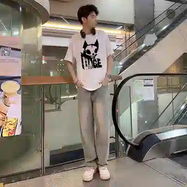 八哥 美式高街简约基础款舒适个性潮流酷炫适中字母纯色常规宽松圆领拉链落肩套头中腰短袖长裤休闲运动套装 男女同款