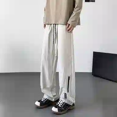 八哥 美式高街侧拉链褶皱款防水户外机能冲锋纯色基础款冰丝凉感宽松直筒垂直微喇休闲裤 男女同款