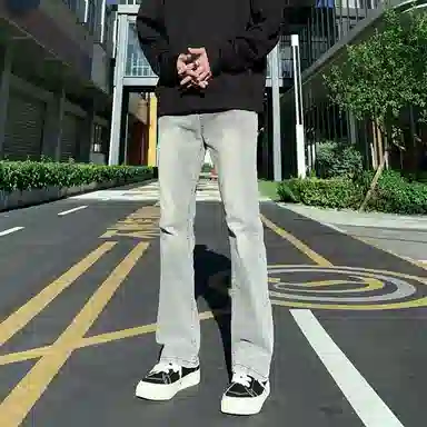 八哥 美式高街暗夜弯刀极简通勤经典款宽松直筒做旧百搭复古纯色堆积感轻水洗牛仔裤 男女同款