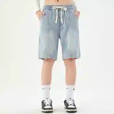 八哥 美式复古高街简约基础款水洗做旧纯色直筒百搭宽松弹力薄款牛仔短裤 男女同款