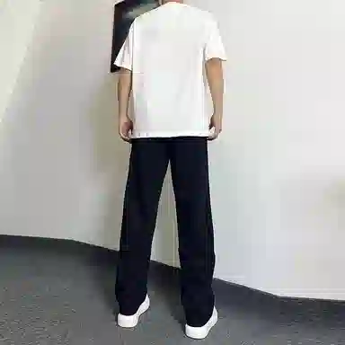 八哥 美式高街简约基础款创意浅色系列短袖上衣搭配水洗做旧直筒裤休闲运动套装 男女同款
