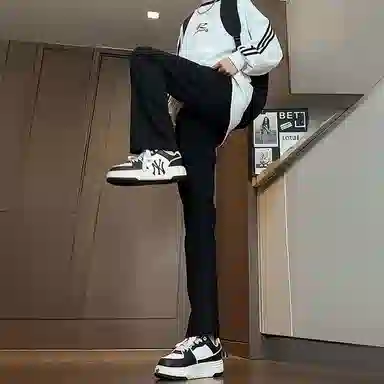 八哥 美式高街简约基础款水洗做旧宽松直筒高腰系带休闲百搭弹力垂感日常通勤牛仔裤 男女同款