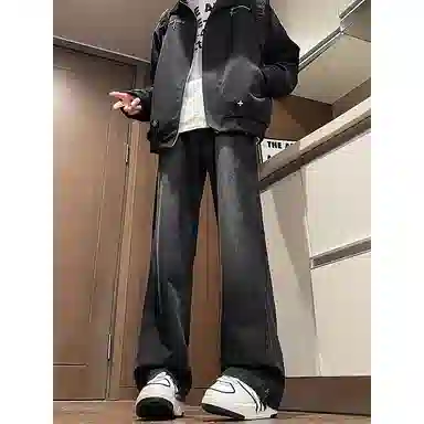 八哥 美式复古高街简约基础款水洗做旧磨白废土风半松紧中腰直筒休闲宽松百搭纯色加厚显高舒适牛仔裤 男女同款