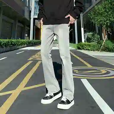 八哥 美式高街暗夜弯刀极简通勤经典款宽松直筒做旧百搭复古纯色堆积感轻水洗牛仔裤 男女同款