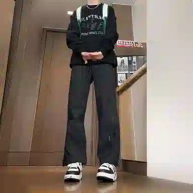 八哥 美式高街侧拉链褶皱款防水户外机能冲锋纯色基础款冰丝凉感宽松直筒垂直微喇休闲裤 男女同款