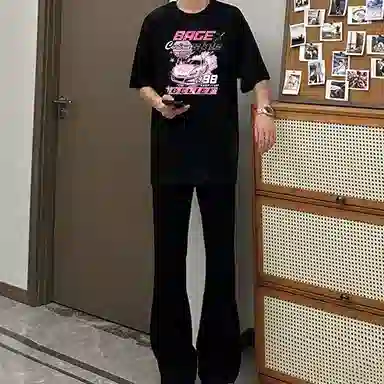 八哥 美式高街简约基础款创意跑车系列纯棉短袖上衣搭配水洗做旧直筒裤休闲运动套装 男女同款
