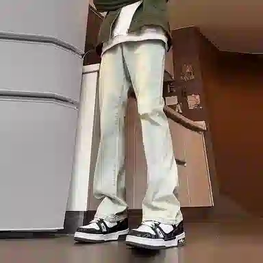 八哥 弯刀微喇裤美式高街简约基础轻度水洗做旧复古直筒高腰阔腿百搭休闲宽松百搭弹力修身微喇牛仔裤 男女同款