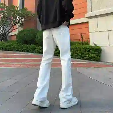 八哥 美式高街暗夜弯刀极简通勤经典款宽松直筒做旧百搭复古纯色堆积感轻水洗牛仔裤 男女同款