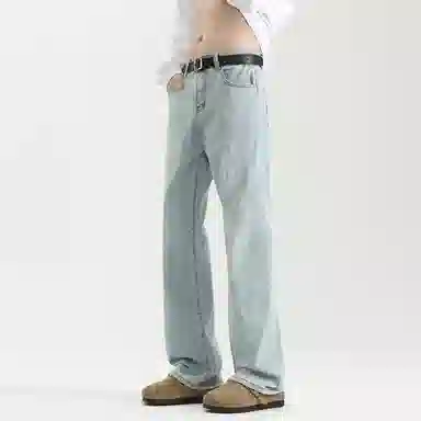 八哥 高街复古美式水洗休闲潮流阔腿时尚凉感拉链做旧嘻哈街头弹力喇叭宽松中腰纯色牛仔裤 男女同款
