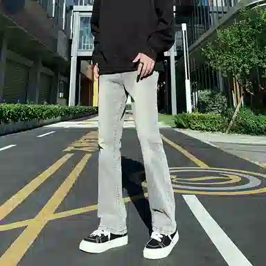 八哥 美式高街暗夜弯刀极简通勤经典款宽松直筒做旧百搭复古纯色堆积感轻水洗牛仔裤 男女同款