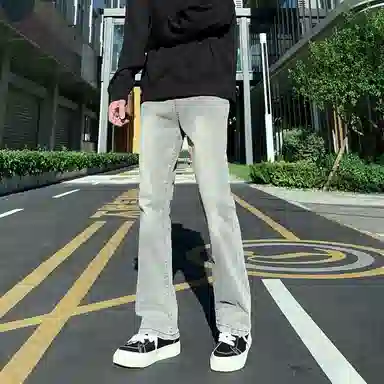 八哥 美式高街暗夜弯刀极简通勤经典款宽松直筒做旧百搭复古纯色堆积感轻水洗牛仔裤 男女同款