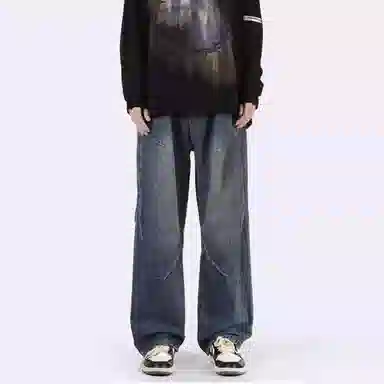 八哥 美式复古高街废土风褶皱设计水洗做旧宽松直筒弹力垂感阔腿显高显瘦微喇舒适直筒百搭工装裤休闲牛仔裤 男女同款