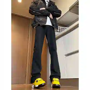 八哥 美式复古高街简约基础款水洗做旧磨白废土风半松紧中腰直筒休闲宽松百搭纯色加厚显高舒适牛仔裤 男女同款