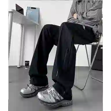 八哥 美式高街侧拉链褶皱款防水户外机能冲锋纯色基础款冰丝凉感宽松直筒垂直微喇休闲裤 男女同款