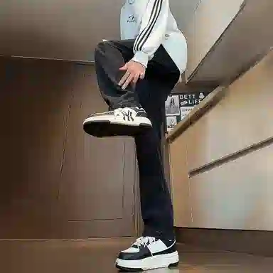 八哥 美式高街简约基础款水洗做旧宽松直筒高腰系带休闲百搭弹力垂感日常通勤牛仔裤 男女同款