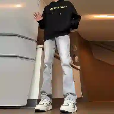 八哥 弯刀微喇裤美式高街简约基础轻度水洗做旧复古直筒高腰阔腿百搭休闲宽松百搭弹力修身微喇牛仔裤 男女同款
