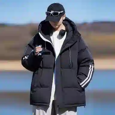 八哥 反季特卖白鸭绒美式高街基础款经典条纹面包服加绒加厚休闲宽松防寒外套连帽羽绒服 男女同款
