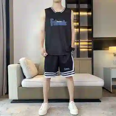 八哥 条纹拼接撞色字母印花背心宽松百搭时尚短裤大码休闲运动套装 男女同款 黑色