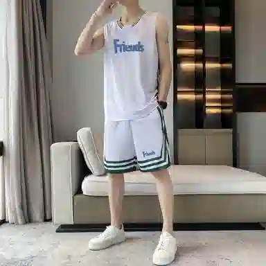 八哥 条纹拼接撞色字母印花背心宽松百搭时尚短裤大码休闲运动套装 男女同款 黑色
