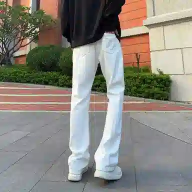 八哥 美式高街暗夜弯刀极简通勤经典款宽松直筒做旧百搭复古纯色堆积感轻水洗牛仔裤 男女同款