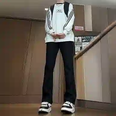 八哥 美式高街简约基础款水洗做旧宽松直筒高腰系带休闲百搭弹力垂感日常通勤牛仔裤 男女同款