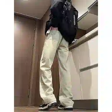 八哥 美式复古高街简约基础款水洗做旧磨白废土风半松紧中腰直筒休闲宽松百搭纯色加厚显高舒适牛仔裤 男女同款