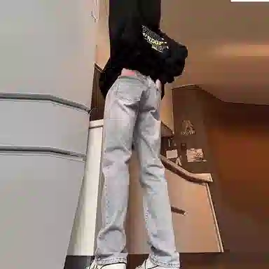 八哥 弯刀微喇裤美式高街简约基础轻度水洗做旧复古直筒高腰阔腿百搭休闲宽松百搭弹力修身微喇牛仔裤 男女同款