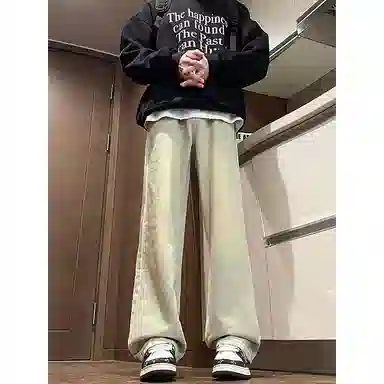 八哥 美式复古高街简约基础款水洗做旧磨白废土风半松紧中腰直筒休闲宽松百搭纯色加厚显高舒适牛仔裤 男女同款