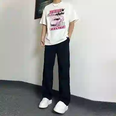 八哥 美式高街简约基础款创意跑车系列纯棉短袖上衣搭配水洗做旧直筒裤休闲运动套装 男女同款
