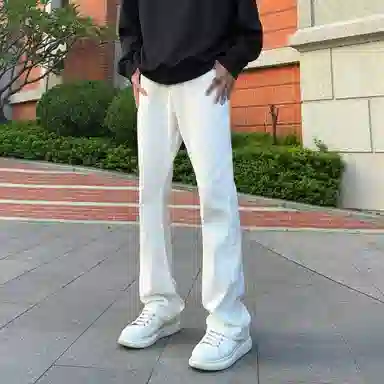 八哥 美式高街暗夜弯刀极简通勤经典款宽松直筒做旧百搭复古纯色堆积感轻水洗牛仔裤 男女同款