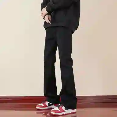 八哥 美式弯刀高街纯色基础款复古水洗做旧高腰提档百搭弹力宽松直筒阔腿垂感薄款显高显瘦微喇软牛仔裤 男女同款