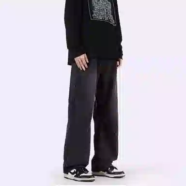 八哥 美式复古高街废土风褶皱设计水洗做旧宽松直筒弹力垂感阔腿显高显瘦微喇舒适直筒百搭工装裤休闲牛仔裤 男女同款